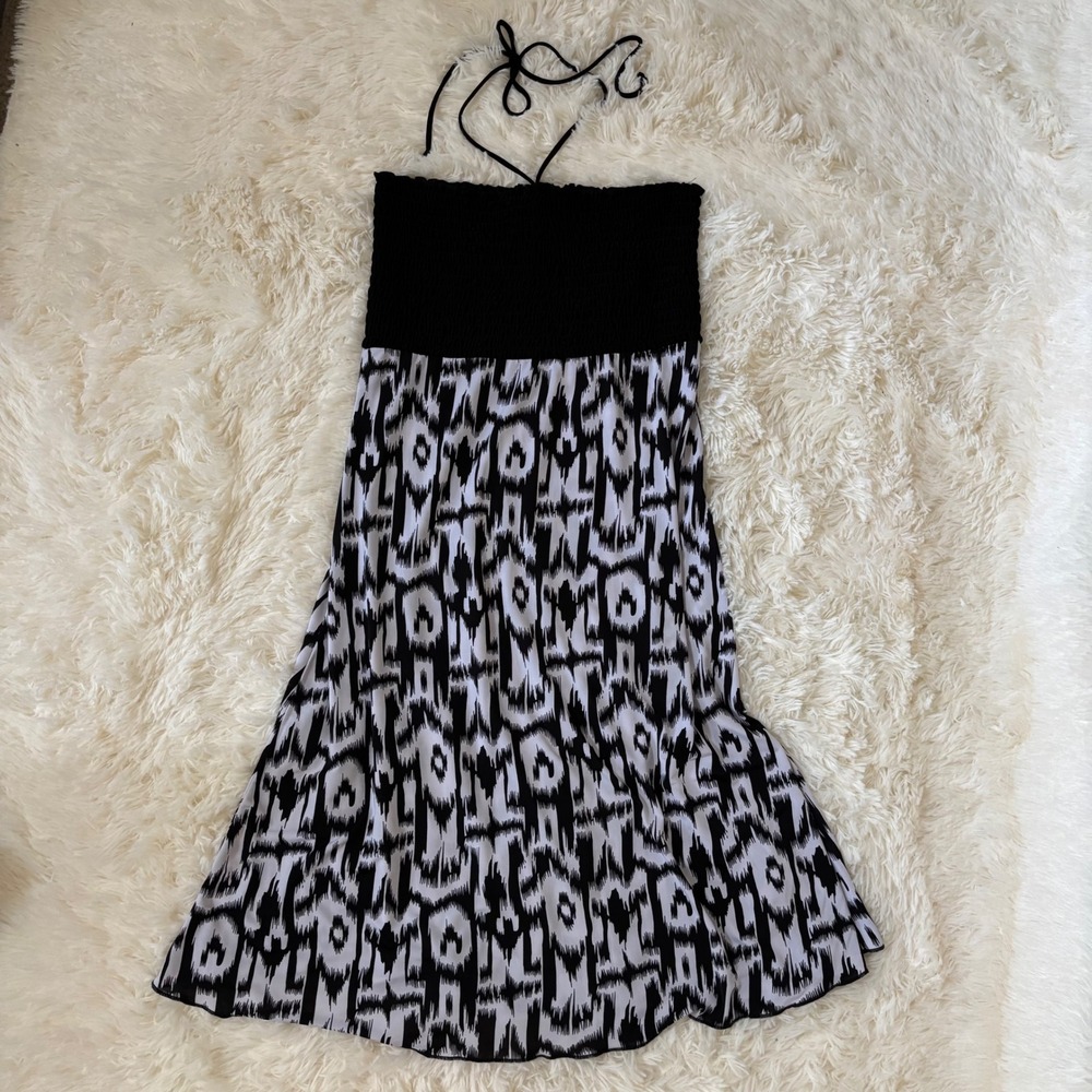 Portocruz Halter Dress Large Black White Ikat Print Smocked Midi 562512